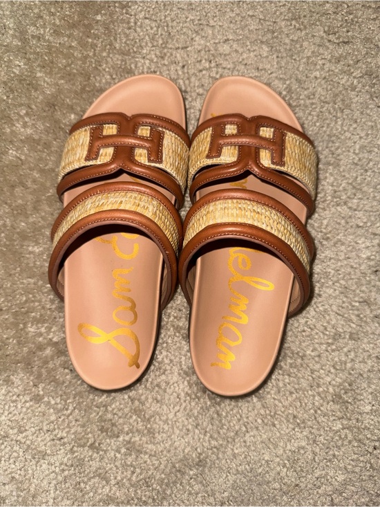 Sam Edelman Shoes - Sam Edelman Tan Rowan and Natural Woven Dual-Strap Slide Sandals